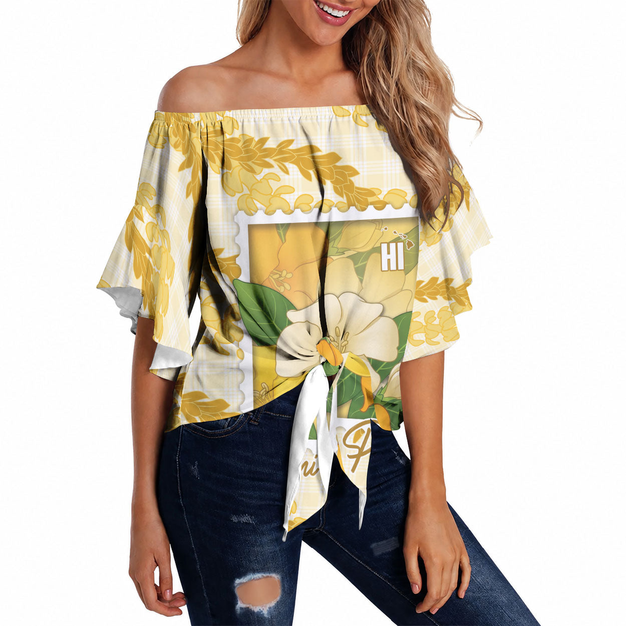 Aloha Hawaii Puakenikeni Off Shoulder Wrap Waist Top Hawaiian Lei Palaka Motifs Stylized Stamp