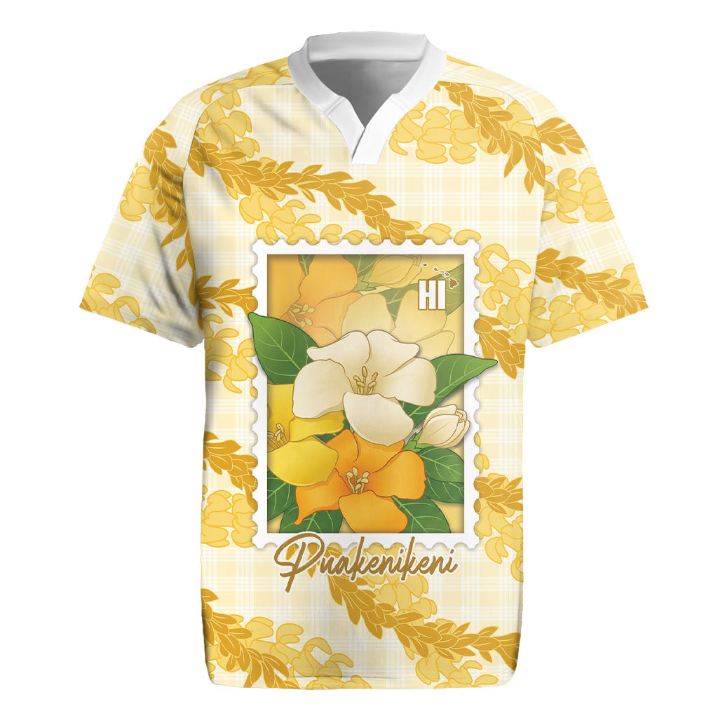 Aloha Hawaii Puakenikeni Rugby Jersey Hawaiian Lei Palaka Motifs Stylized Stamp