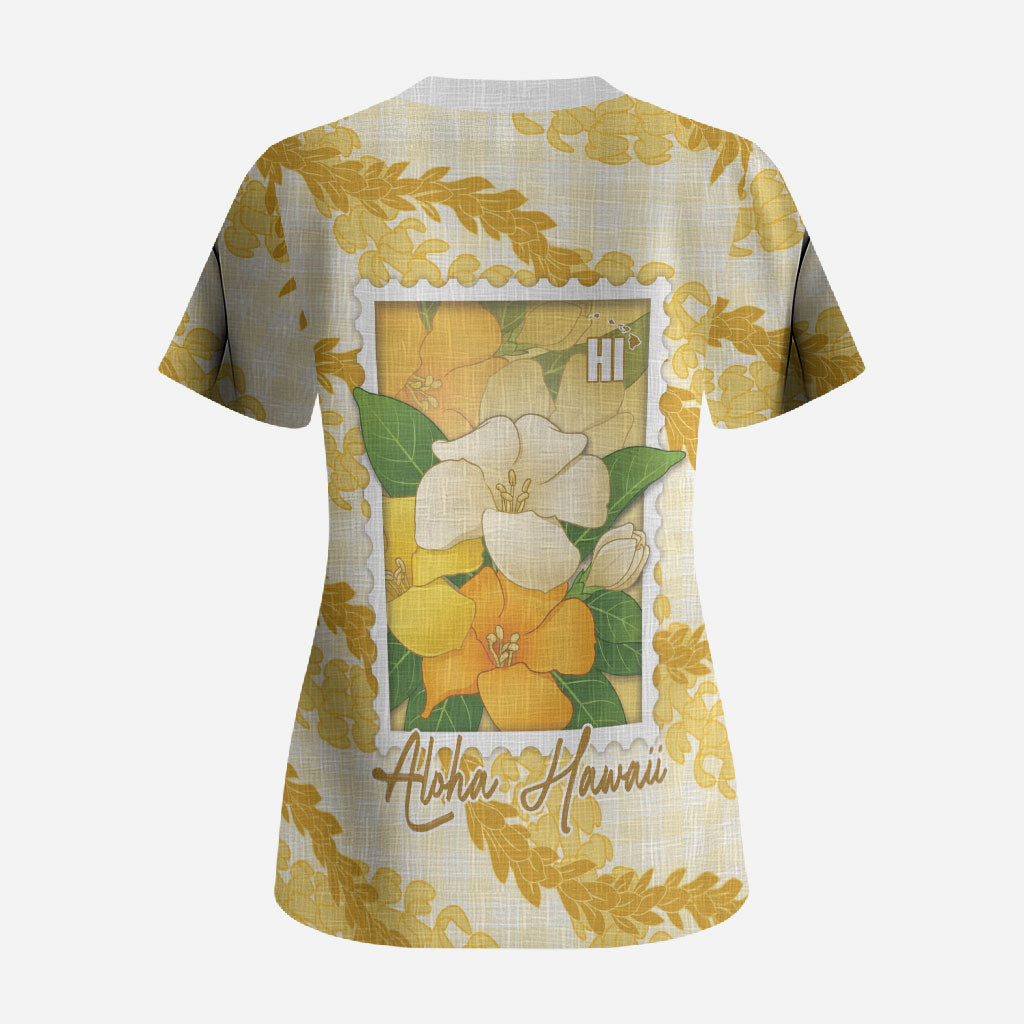 Aloha Hawaii Puakenikeni Scrub Top Hawaiian Lei Palaka Motifs Stylized Stamp LT14 - Polynesian Pride