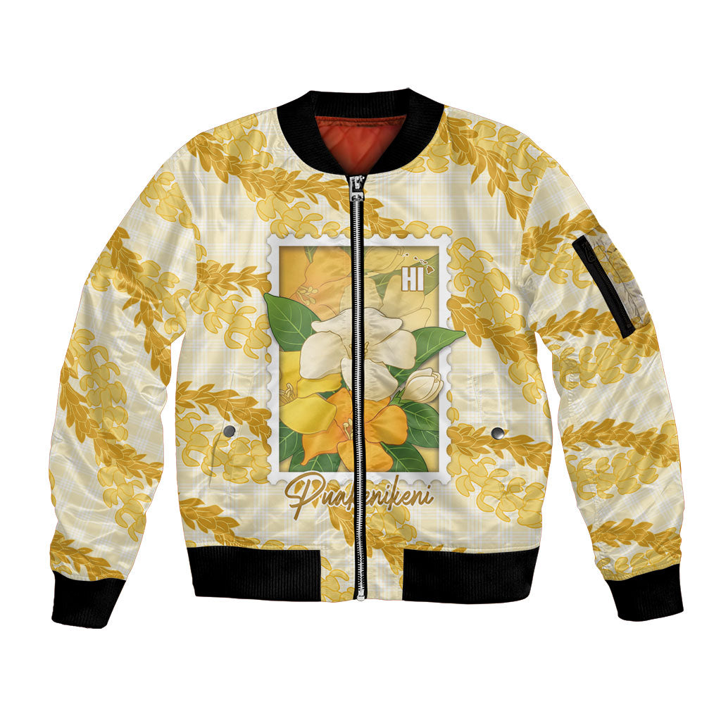 Aloha Hawaii Puakenikeni Sleeve Zip Bomber Jacket Hawaiian Lei Palaka Motifs Stylized Stamp