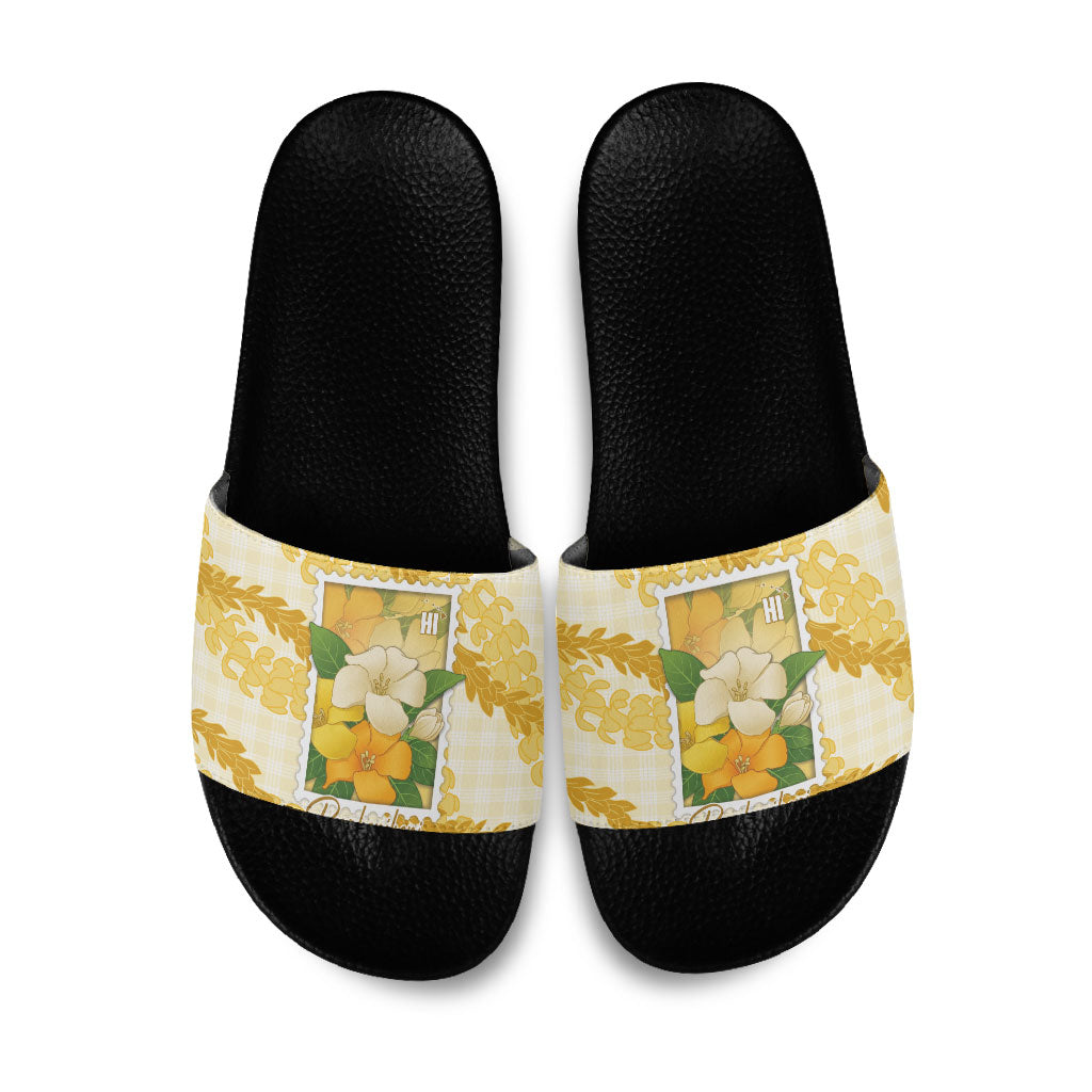 Aloha Hawaii Puakenikeni Slide Sandals Hawaiian Lei Palaka Motifs Stylized Stamp LT14 Yellow - Polynesian Pride