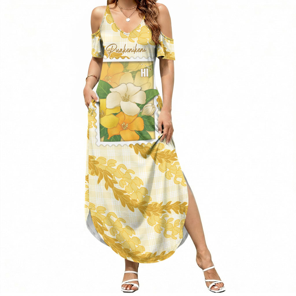 Aloha Hawaii Puakenikeni Summer Maxi Dress Hawaiian Lei Palaka Motifs Stylized Stamp