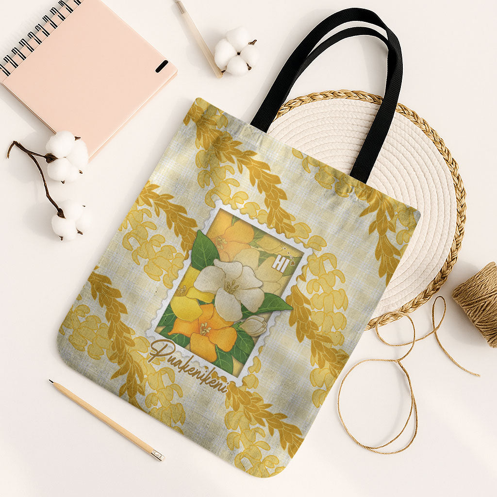 Aloha Hawaii Puakenikeni Tote Bag Hawaiian Lei Palaka Motifs Stylized Stamp