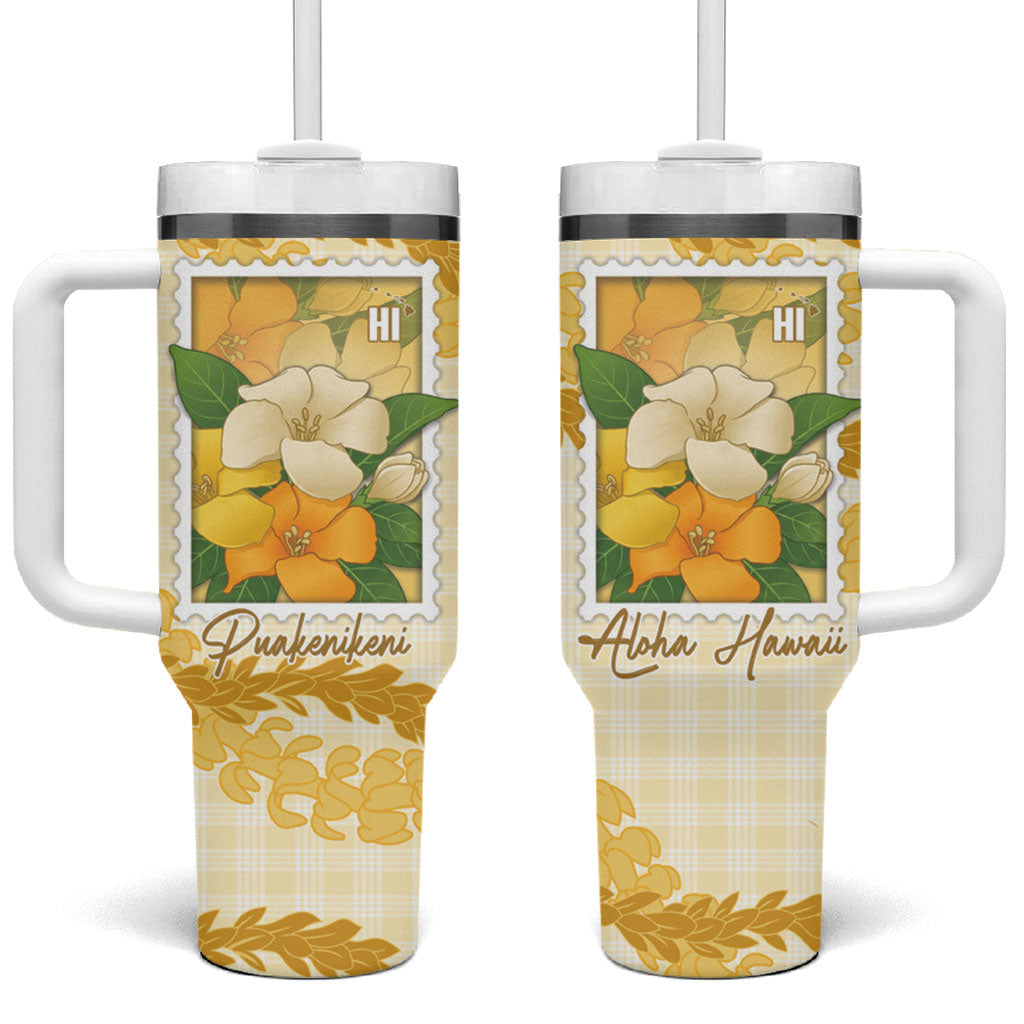 Aloha Hawaii Puakenikeni Tumbler With Handle Hawaiian Lei Palaka Motifs Stylized Stamp