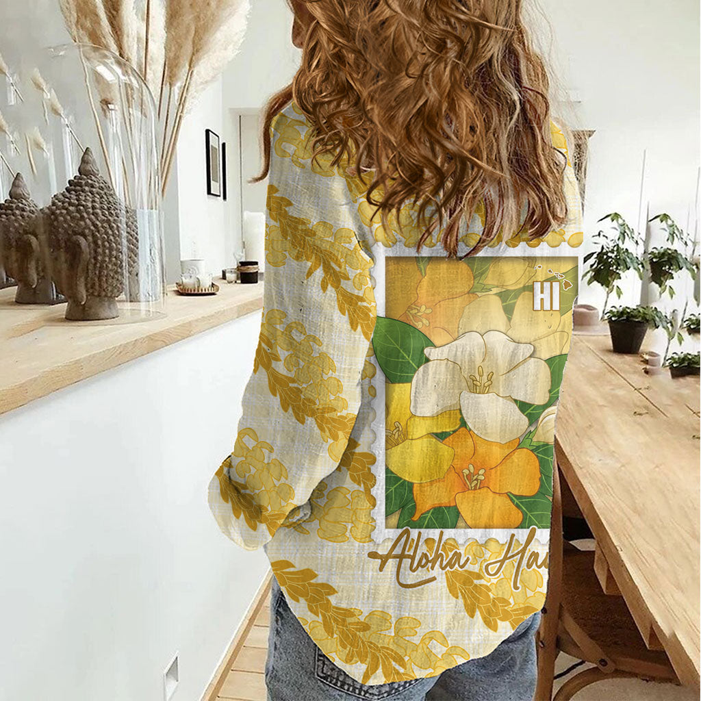Aloha Hawaii Puakenikeni Women Casual Shirt Hawaiian Lei Palaka Motifs Stylized Stamp LT14 - Polynesian Pride