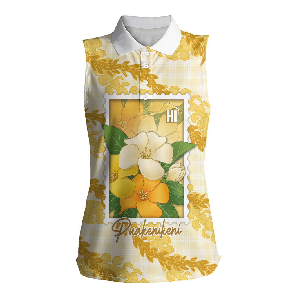 Aloha Hawaii Puakenikeni Women Sleeveless Polo Shirt Hawaiian Lei Palaka Motifs Stylized Stamp
