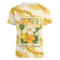 Aloha Hawaii Puakenikeni Women V-Neck T-Shirt Hawaiian Lei Palaka Motifs Stylized Stamp LT14 - Polynesian Pride