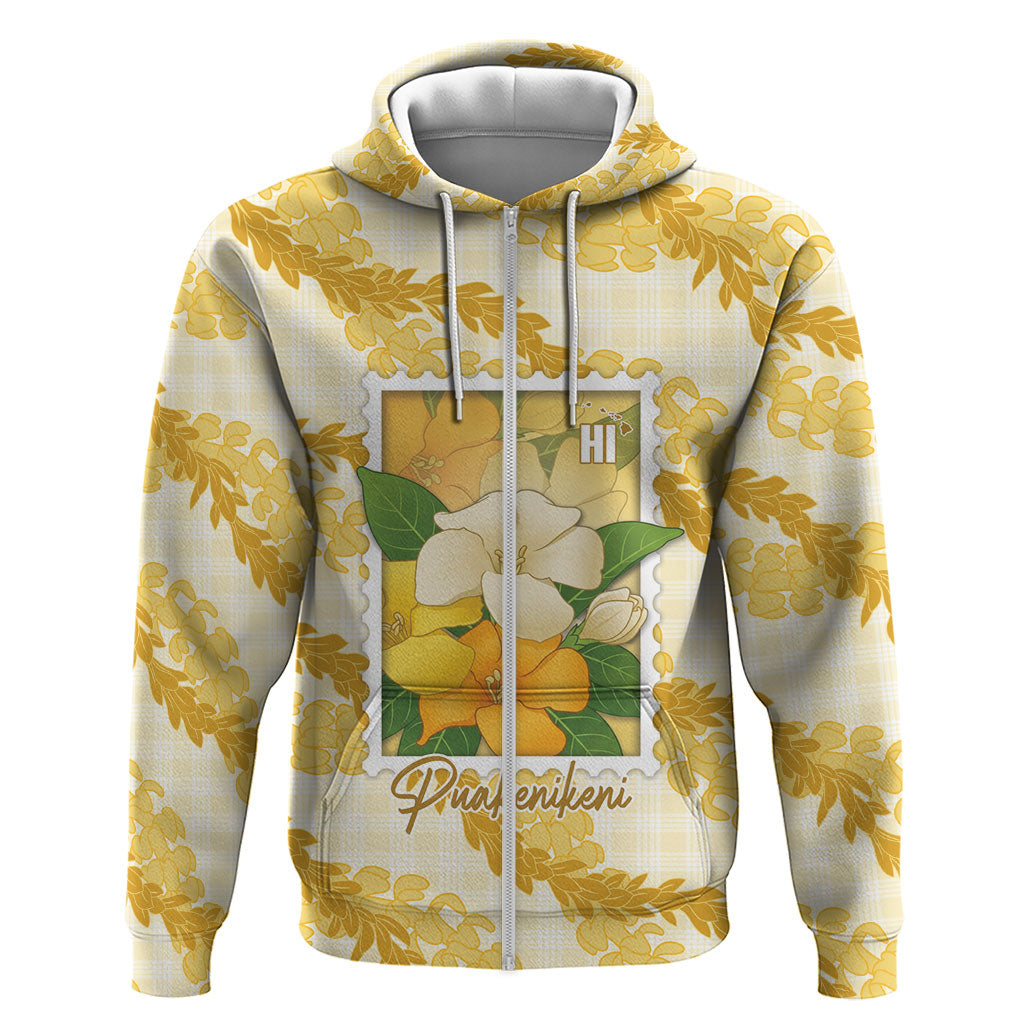 Aloha Hawaii Puakenikeni Zip Hoodie Hawaiian Lei Palaka Motifs Stylized Stamp