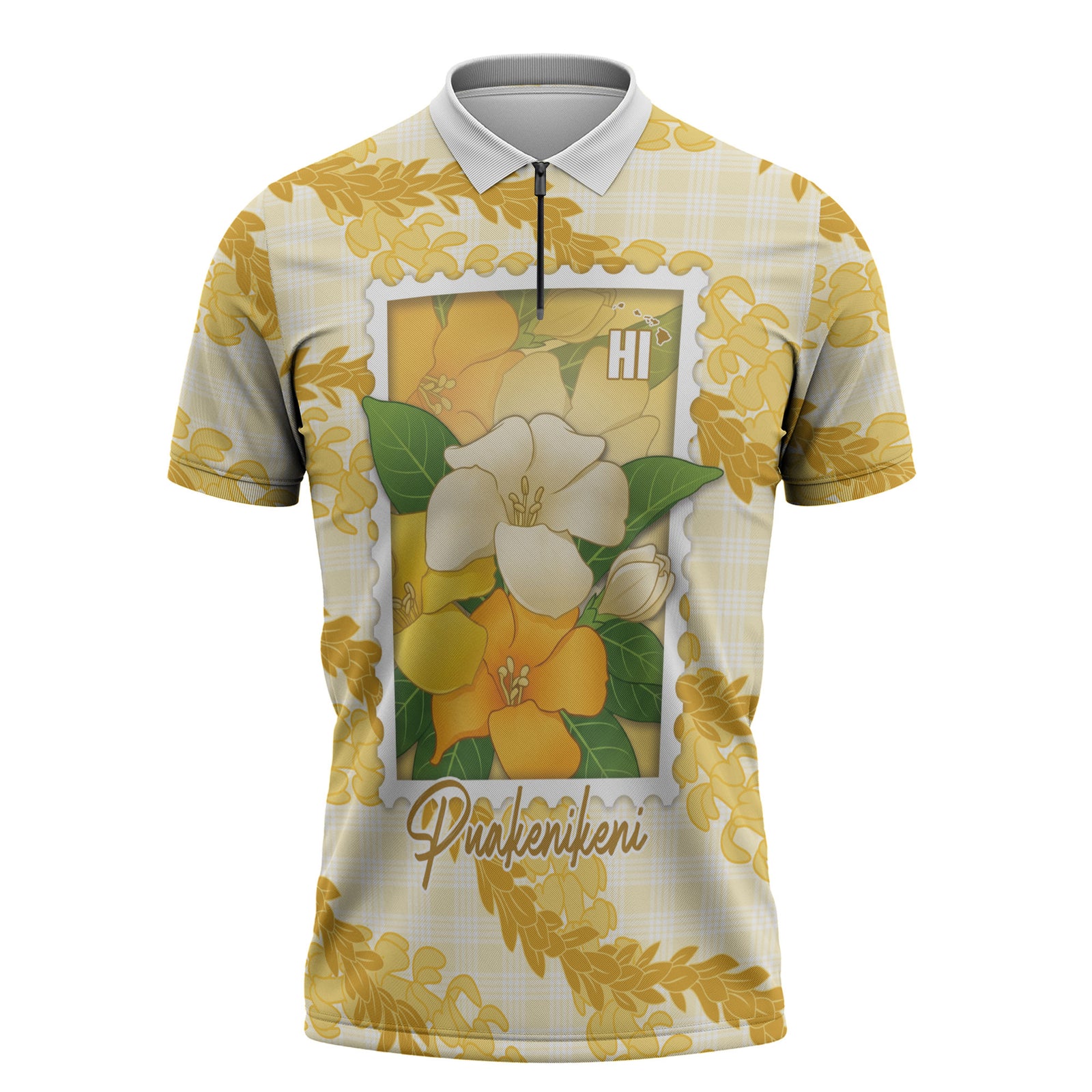 Aloha Hawaii Puakenikeni Zipper Polo Shirt Hawaiian Lei Palaka Motifs Stylized Stamp