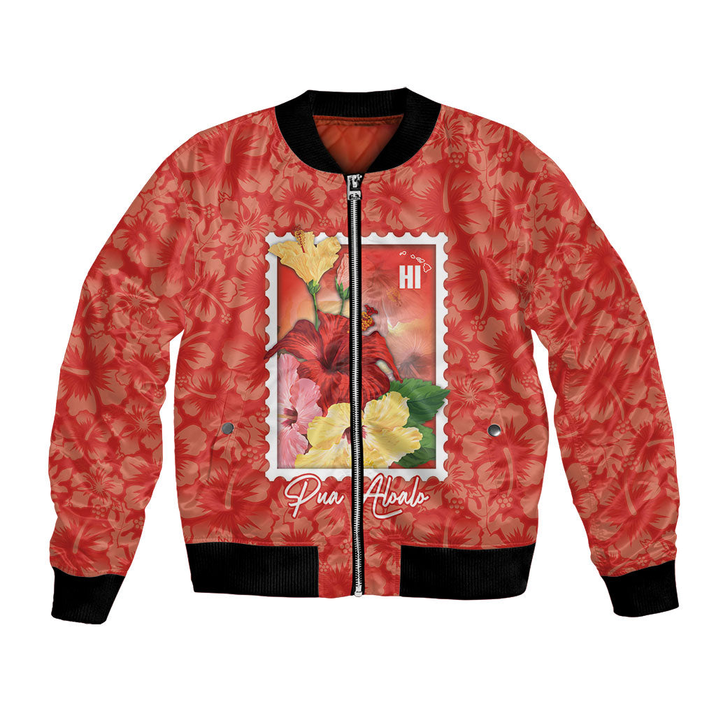 Aloha Hawaii Pua Aloalo Bomber Jacket Hawaiian Hibiscus Flowers Stylized Stamp