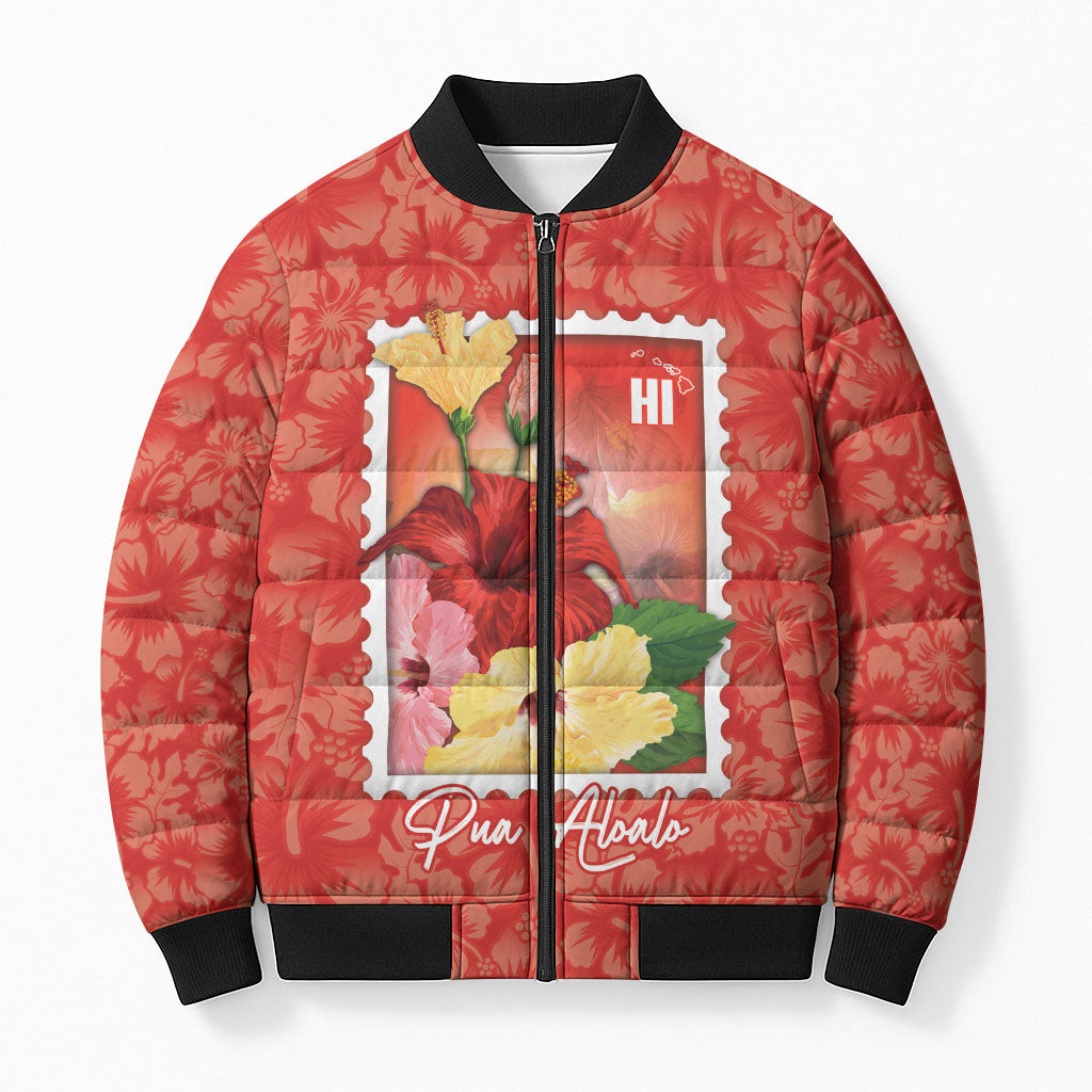 Aloha Hawaii Pua Aloalo Bomber Puffer Jacket Hawaiian Hibiscus Flowers Stylized Stamp