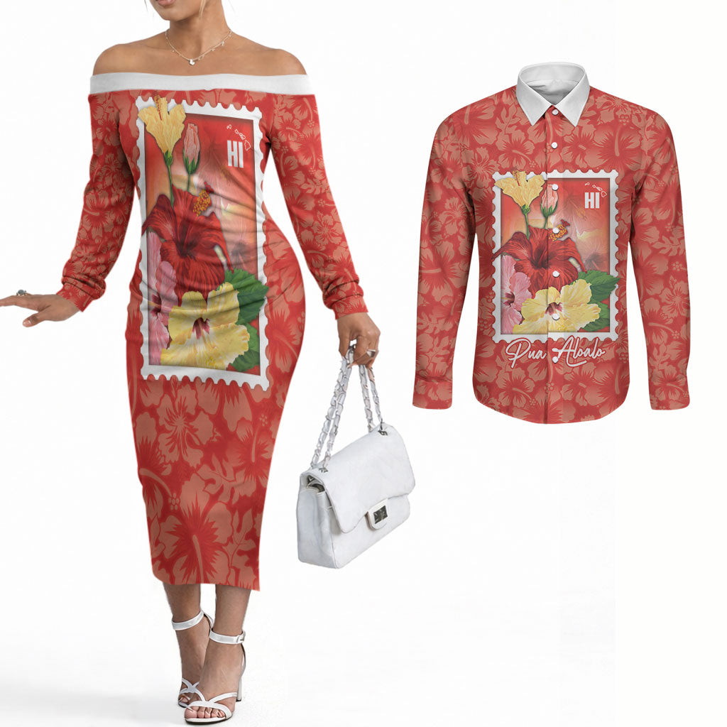 Aloha Hawaii Pua Aloalo Couples Matching Off The Shoulder Long Sleeve Dress and Long Sleeve Button Shirt Hawaiian Hibiscus Flowers Stylized Stamp