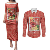 Aloha Hawaii Pua Aloalo Couples Matching Puletasi and Long Sleeve Button Shirt Hawaiian Hibiscus Flowers Stylized Stamp LT14 Red - Polynesian Pride
