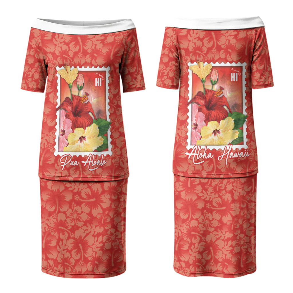 Aloha Hawaii Pua Aloalo Couples Matching Puletasi and Long Sleeve Button Shirt Hawaiian Hibiscus Flowers Stylized Stamp LT14 - Polynesian Pride