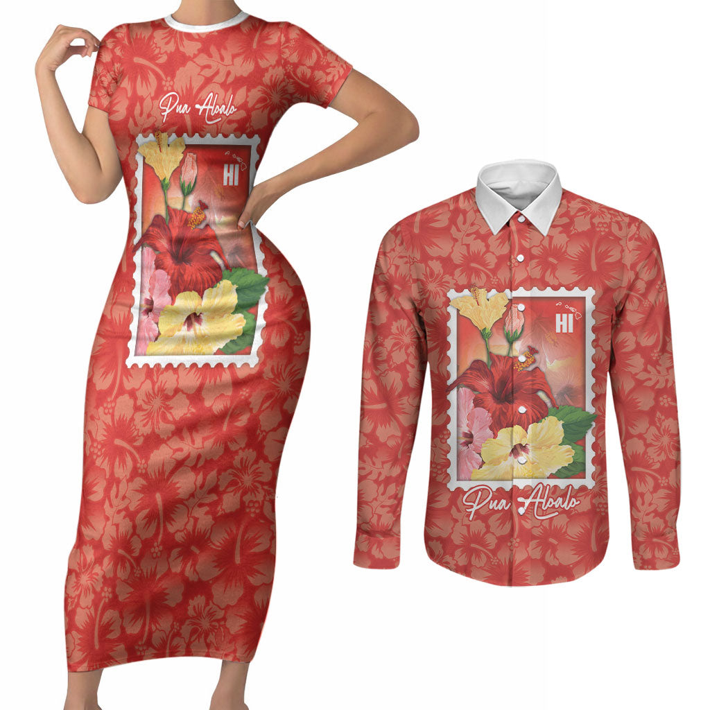 Aloha Hawaii Pua Aloalo Couples Matching Short Sleeve Bodycon Dress and Long Sleeve Button Shirt Hawaiian Hibiscus Flowers Stylized Stamp