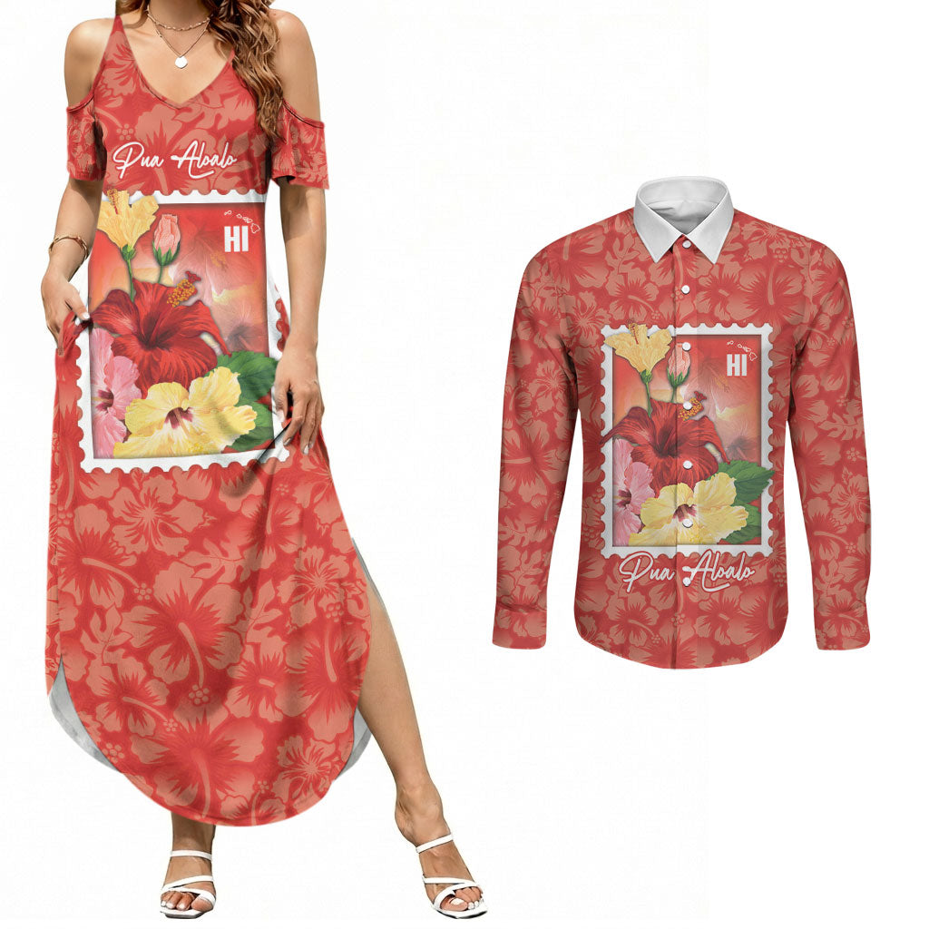 Aloha Hawaii Pua Aloalo Couples Matching Summer Maxi Dress and Long Sleeve Button Shirt Hawaiian Hibiscus Flowers Stylized Stamp