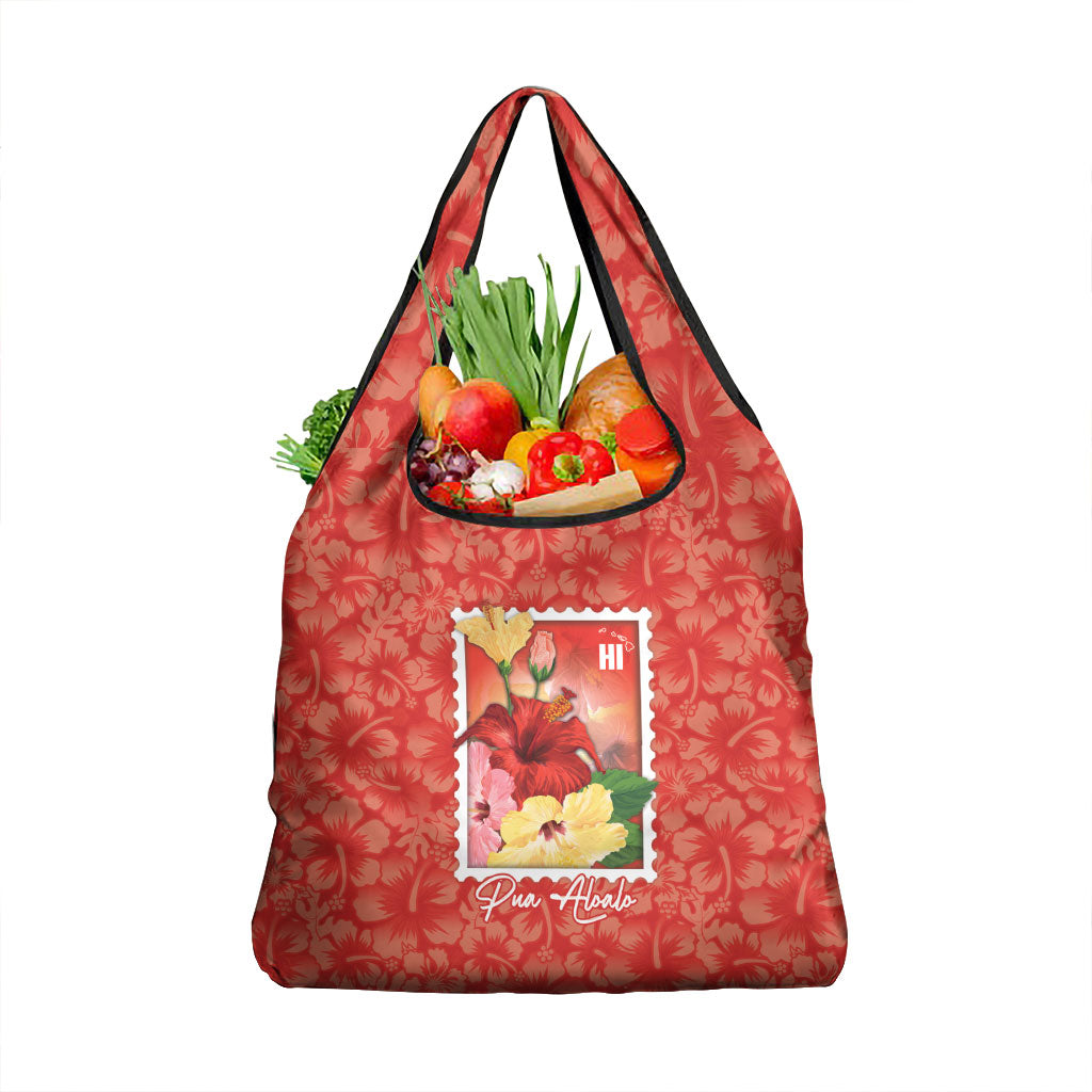 Aloha Hawaii Pua Aloalo Grocery Bag Hawaiian Hibiscus Flowers Stylized Stamp
