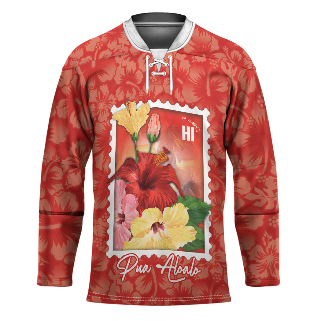 Aloha Hawaii Pua Aloalo Hockey Jersey Hawaiian Hibiscus Flowers Stylized Stamp