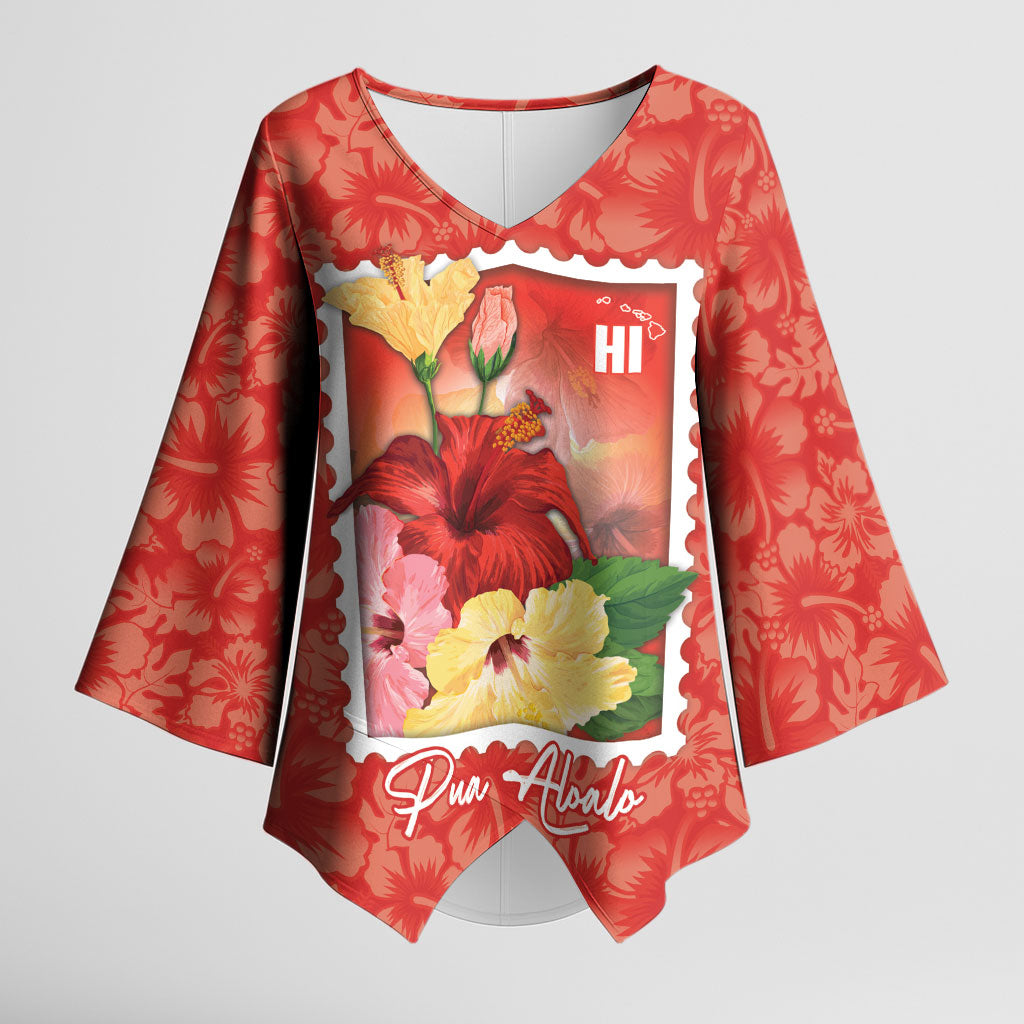Aloha Hawaii Pua Aloalo Kimono Sleeve Blouse Hawaiian Hibiscus Flowers Stylized Stamp
