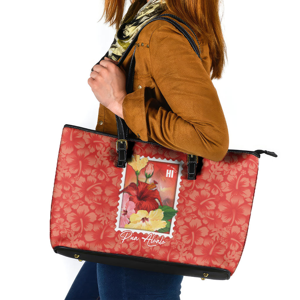 Aloha Hawaii Pua Aloalo Leather Tote Bag Hawaiian Hibiscus Flowers Stylized Stamp