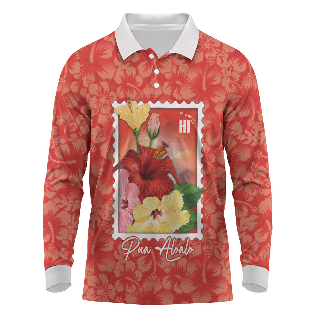 Aloha Hawaii Pua Aloalo Long Sleeve Polo Shirt Hawaiian Hibiscus Flowers Stylized Stamp