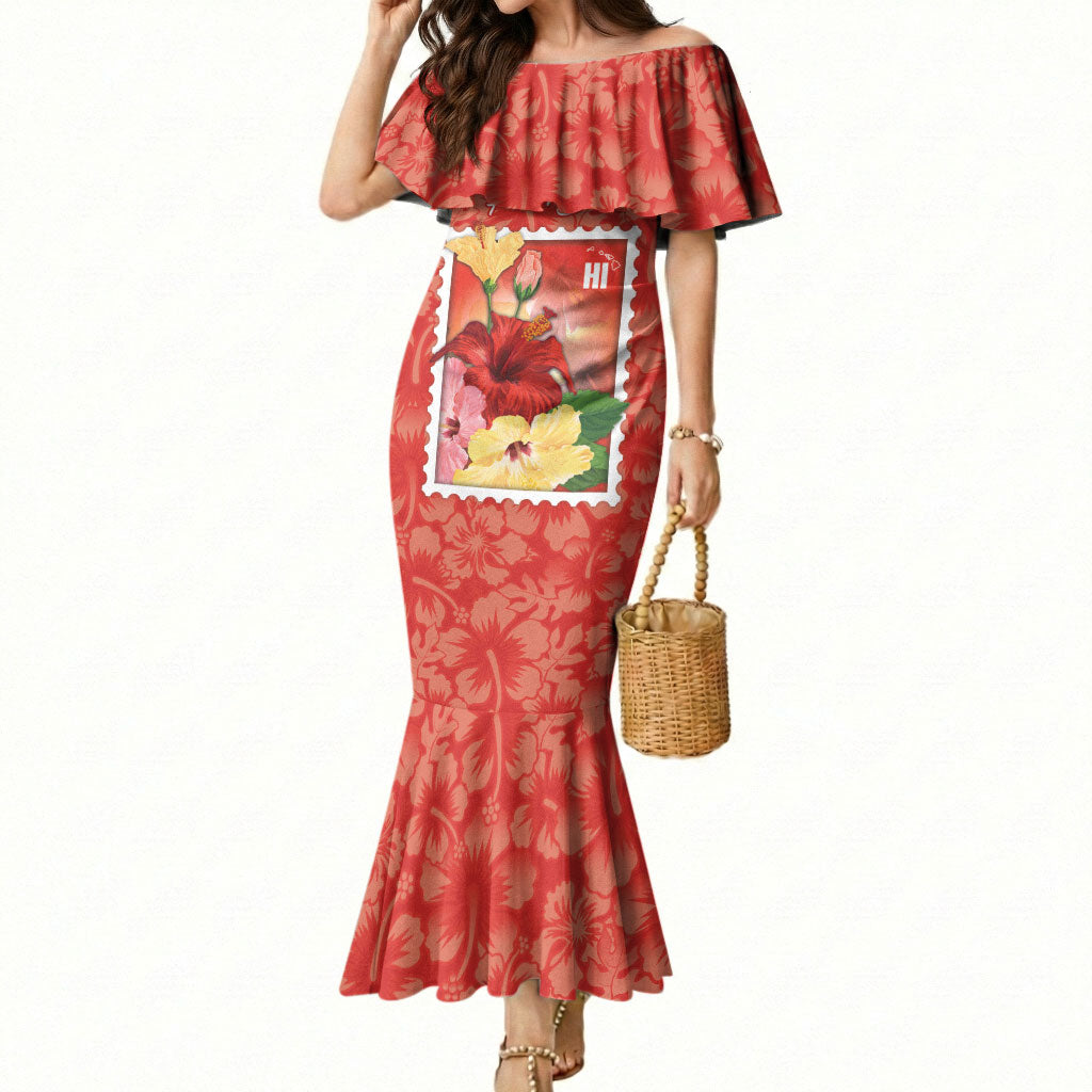 Aloha Hawaii Pua Aloalo Mermaid Dress Hawaiian Hibiscus Flowers Stylized Stamp
