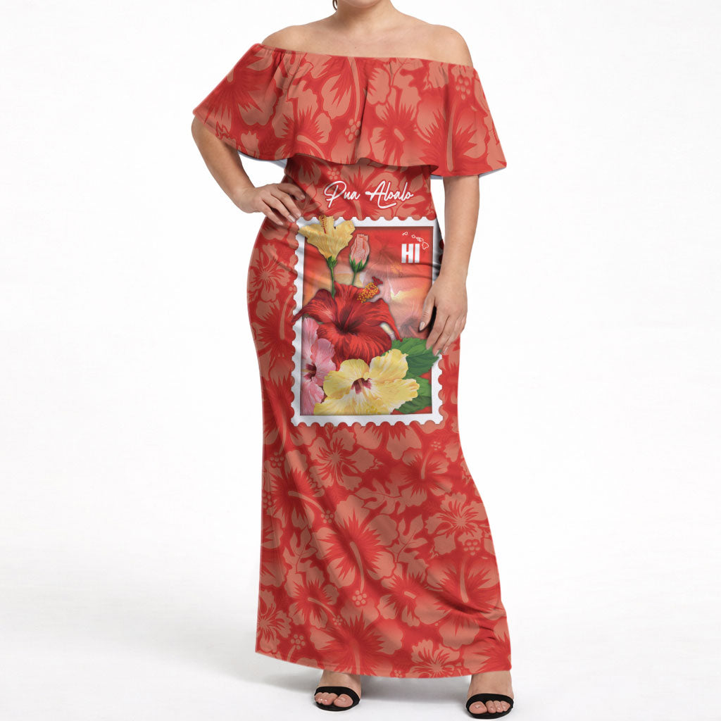 Aloha Hawaii Pua Aloalo Off Shoulder Maxi Dress Hawaiian Hibiscus Flowers Stylized Stamp