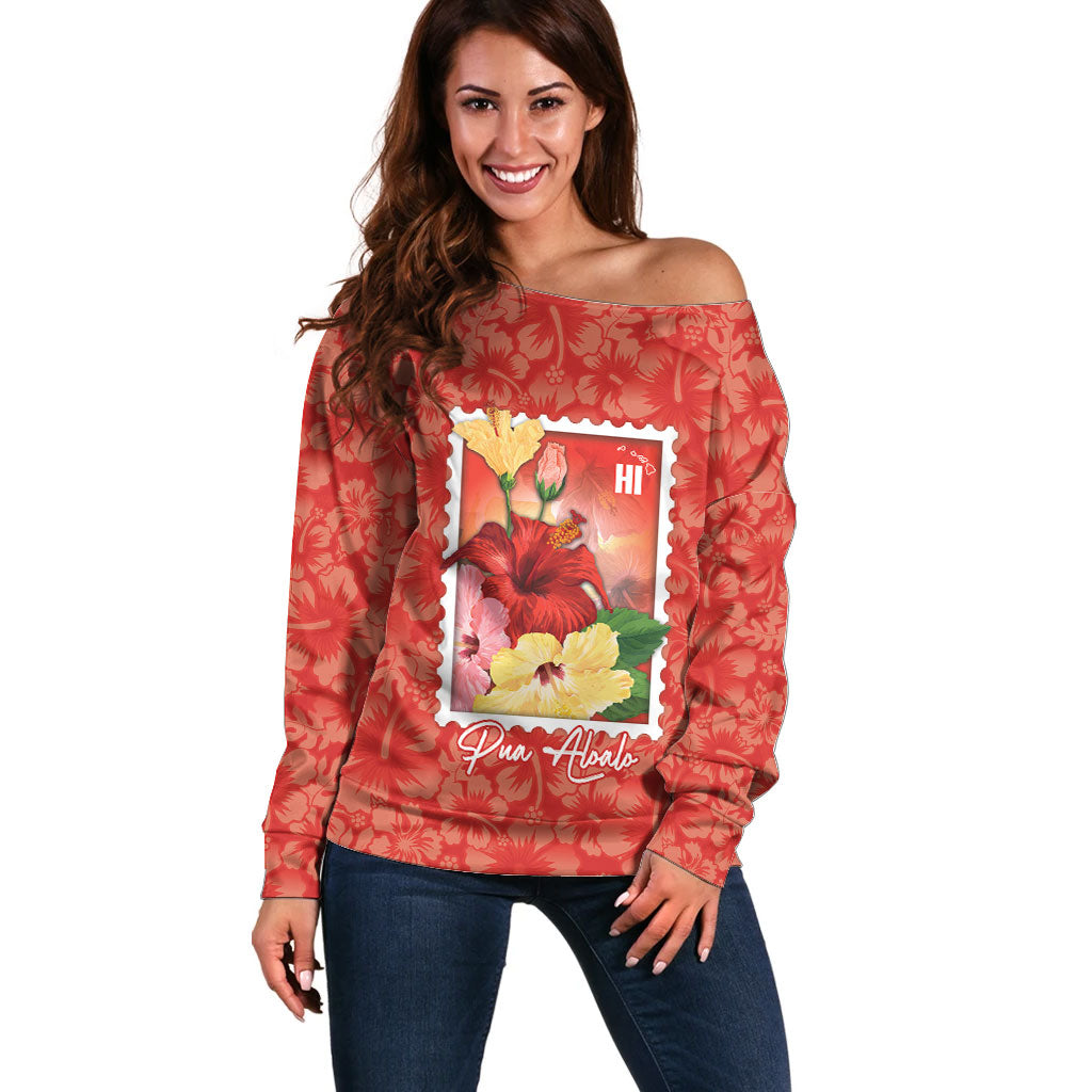 Aloha Hawaii Pua Aloalo Off Shoulder Sweater Hawaiian Hibiscus Flowers Stylized Stamp