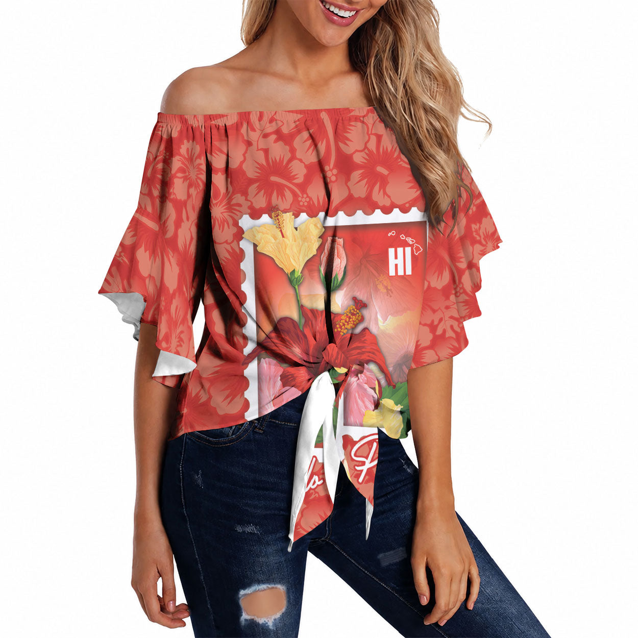 Aloha Hawaii Pua Aloalo Off Shoulder Wrap Waist Top Hawaiian Hibiscus Flowers Stylized Stamp