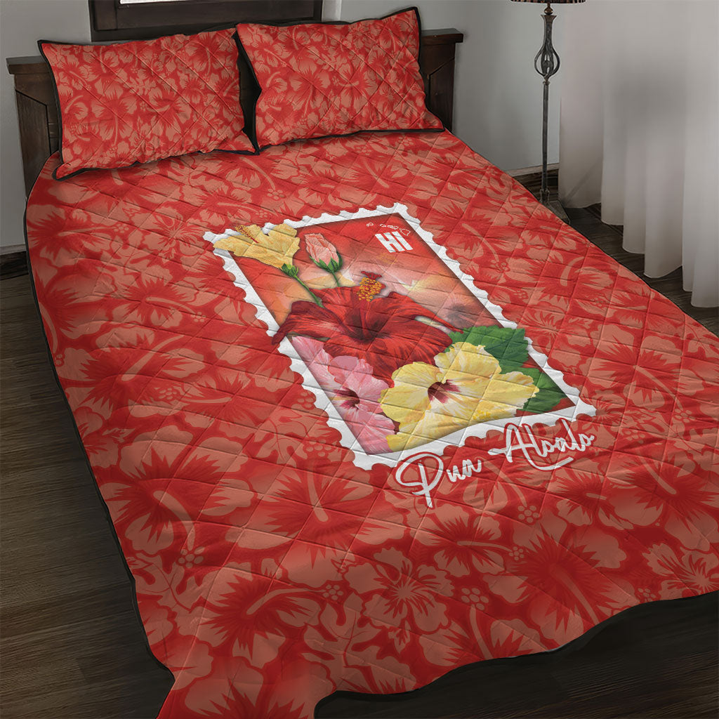 Aloha Hawaii Pua Aloalo Quilt Bed Set Hawaiian Hibiscus Flowers Stylized Stamp