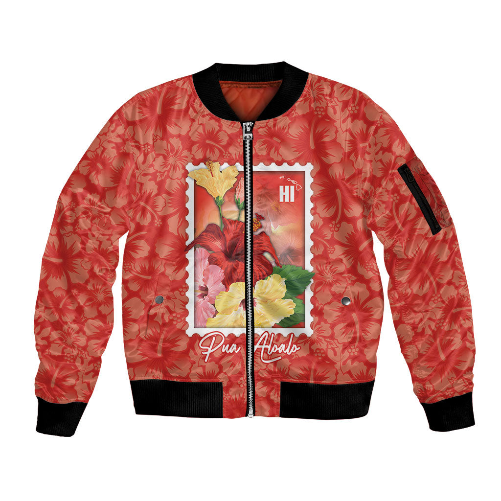 Aloha Hawaii Pua Aloalo Sleeve Zip Bomber Jacket Hawaiian Hibiscus Flowers Stylized Stamp