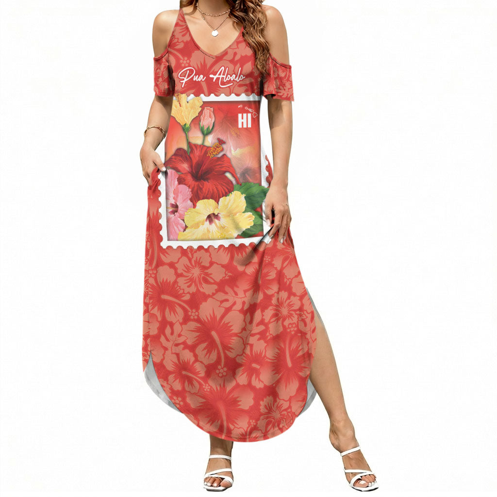 Aloha Hawaii Pua Aloalo Summer Maxi Dress Hawaiian Hibiscus Flowers Stylized Stamp
