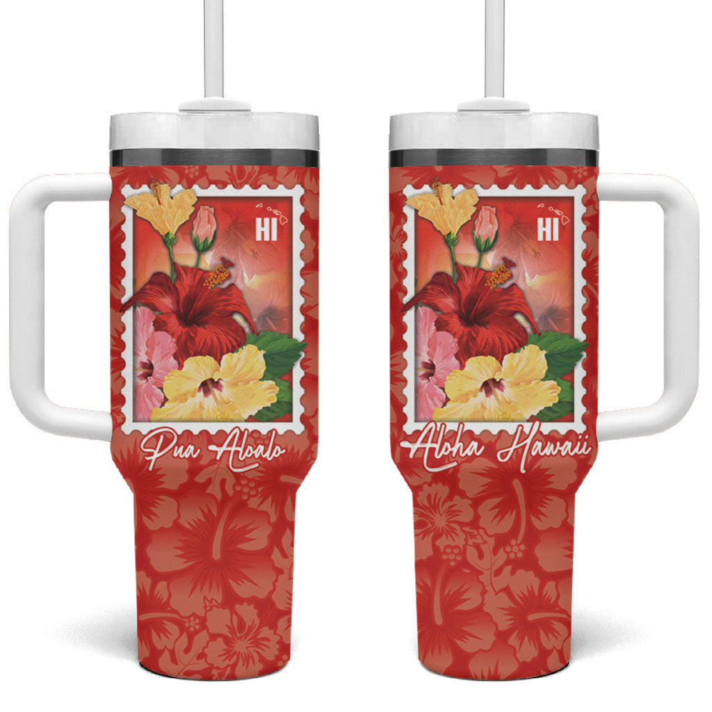 Aloha Hawaii Pua Aloalo Tumbler With Handle Hawaiian Hibiscus Flowers Stylized Stamp