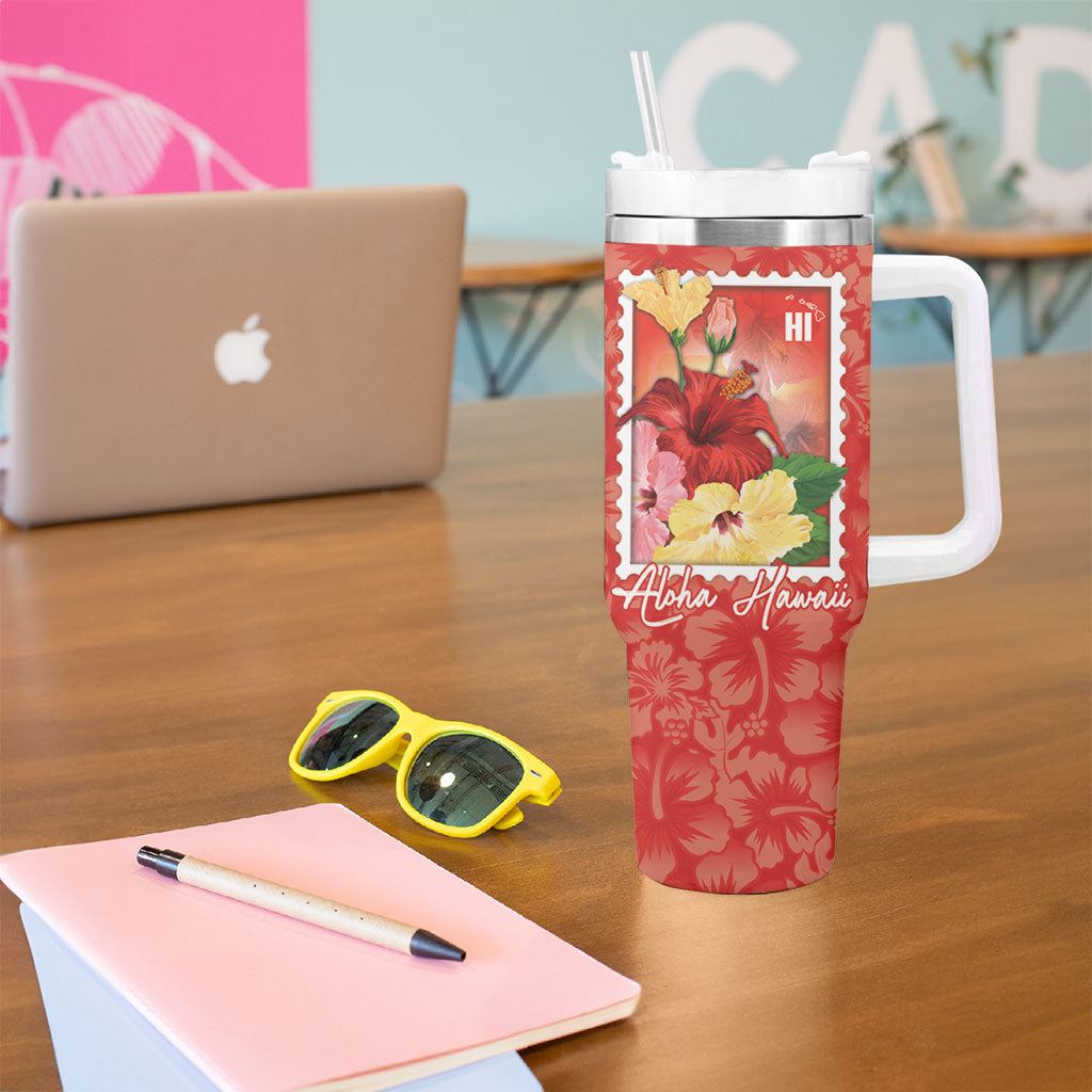Aloha Hawaii Pua Aloalo Tumbler With Handle Hawaiian Hibiscus Flowers Stylized Stamp LT14 - Polynesian Pride