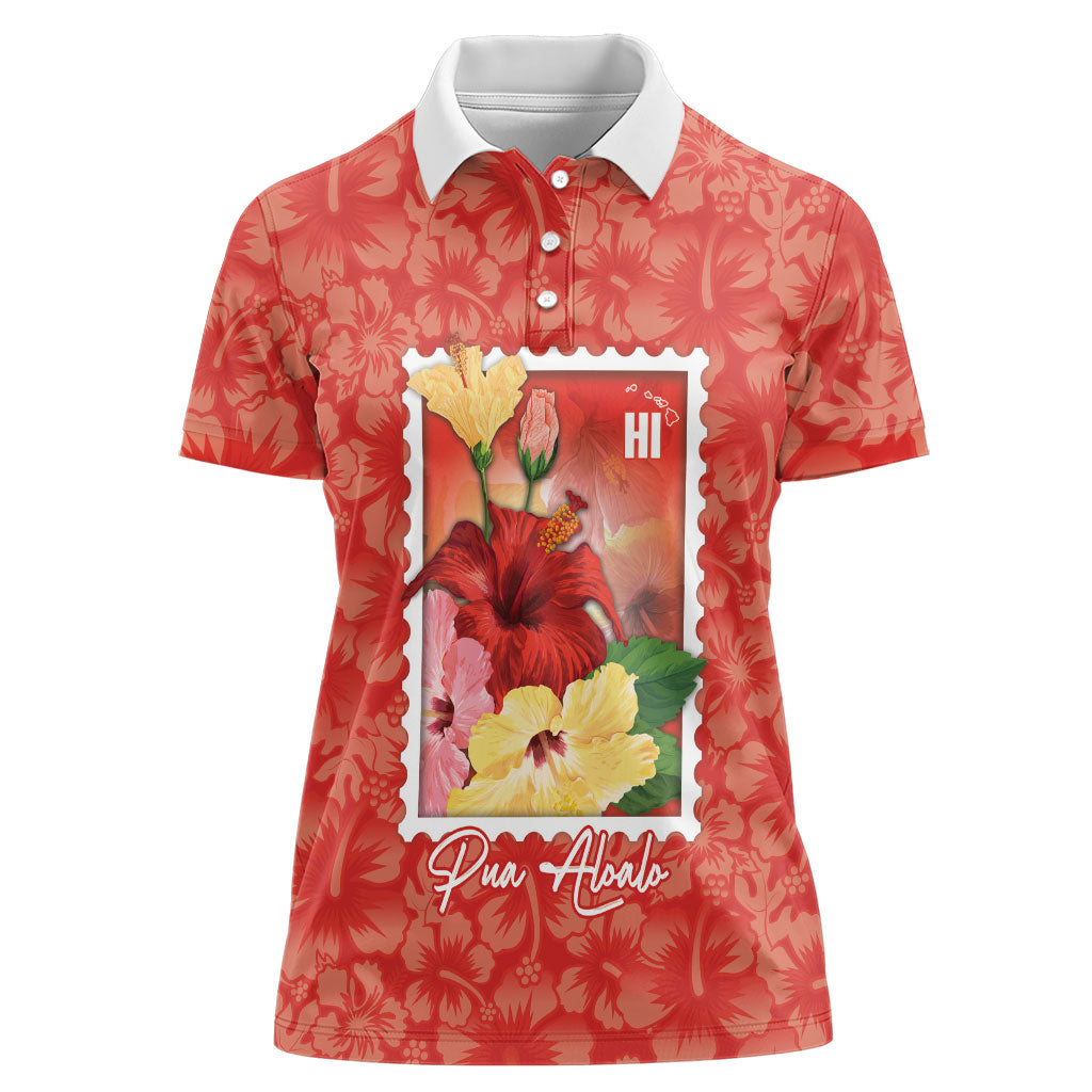 Aloha Hawaii Pua Aloalo Women Polo Shirt Hawaiian Hibiscus Flowers Stylized Stamp
