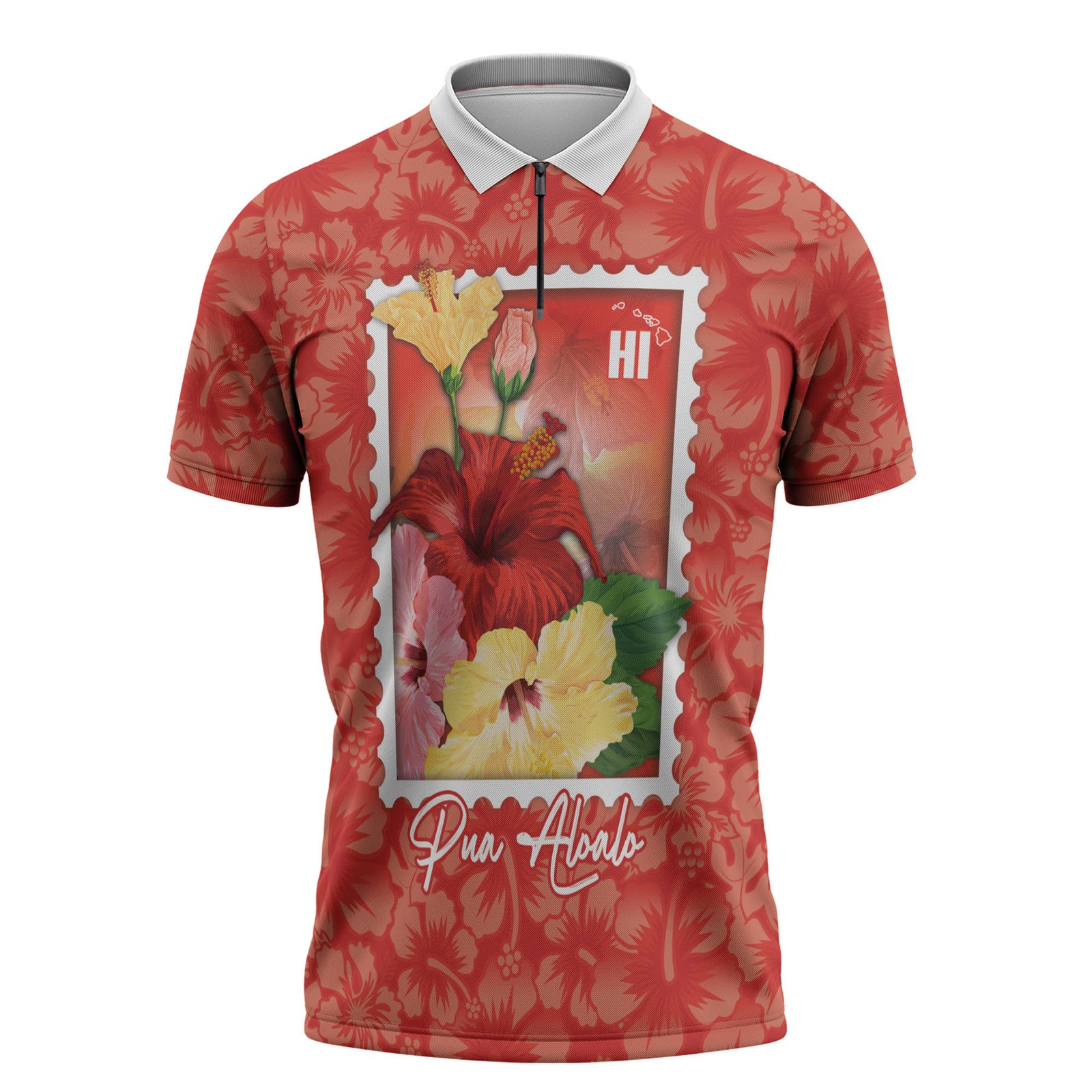 Aloha Hawaii Pua Aloalo Zipper Polo Shirt Hawaiian Hibiscus Flowers Stylized Stamp
