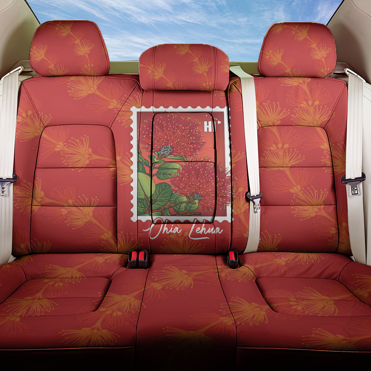 Aloha Hawaii Ohia Lehua Back Car Seat Cover Hawaiian Lei Stylized Stamp