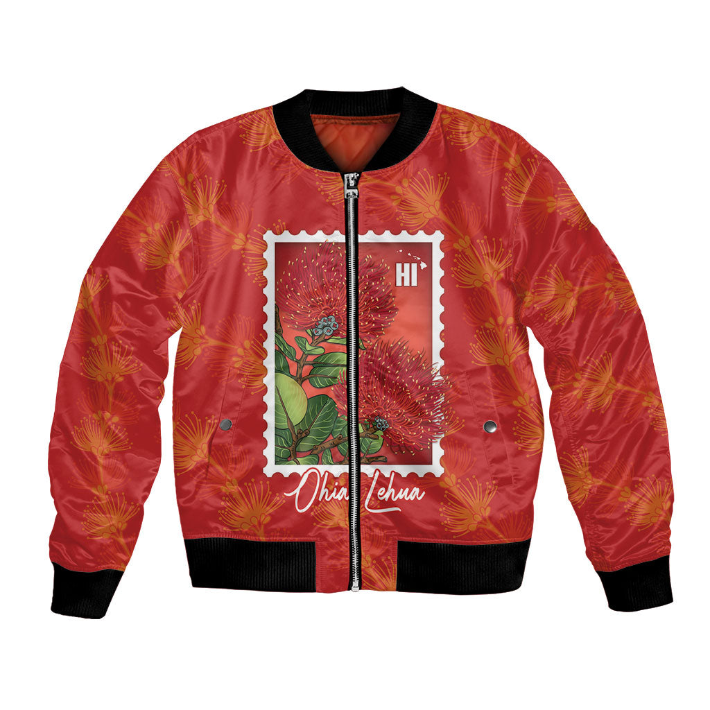 Aloha Hawaii Ohia Lehua Bomber Jacket Hawaiian Lei Stylized Stamp