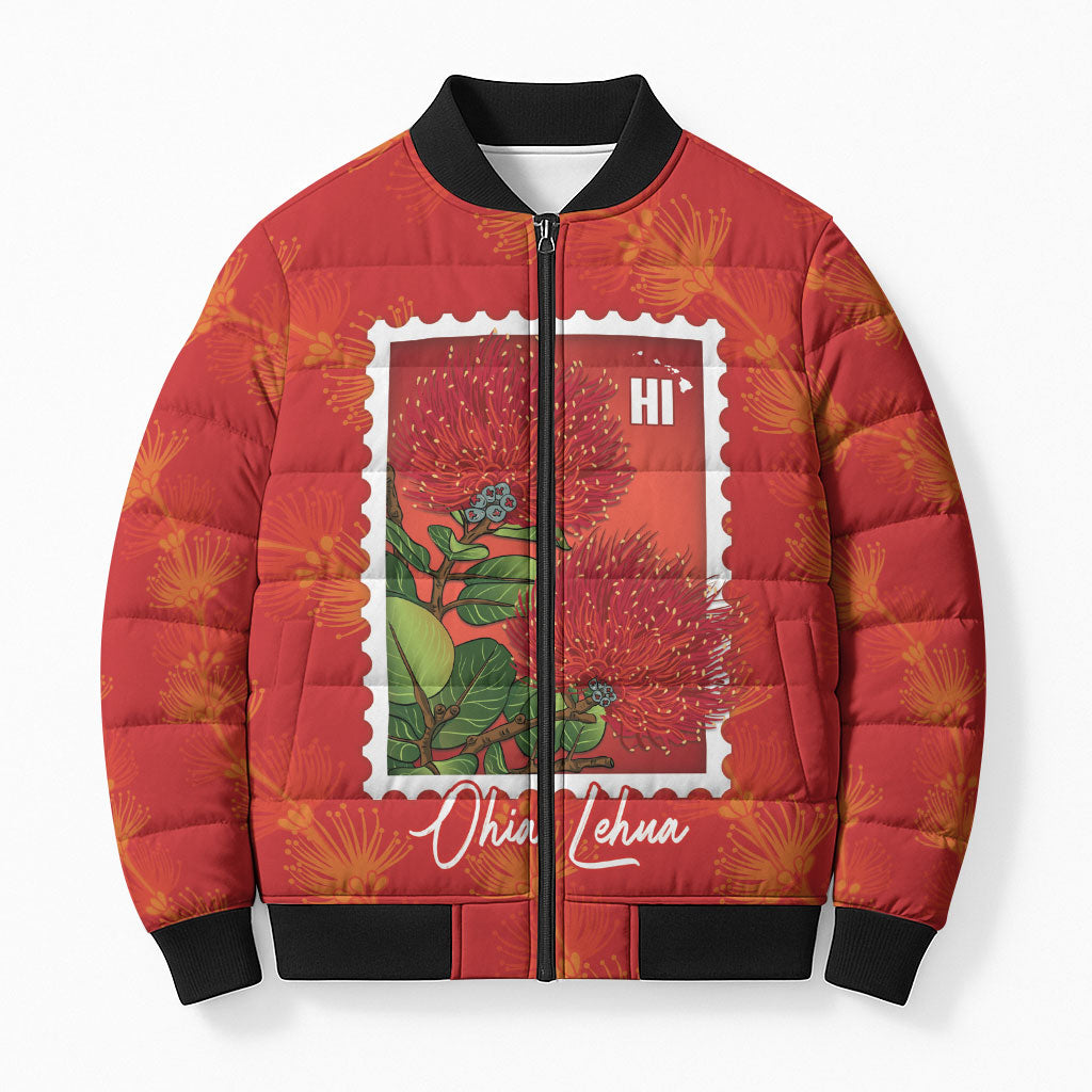 Aloha Hawaii Ohia Lehua Bomber Puffer Jacket Hawaiian Lei Stylized Stamp