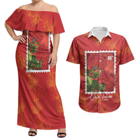 Aloha Hawaii Ohia Lehua Couples Matching Off Shoulder Maxi Dress and Hawaiian Shirt Hawaiian Lei Stylized Stamp LT14 Red - Polynesian Pride