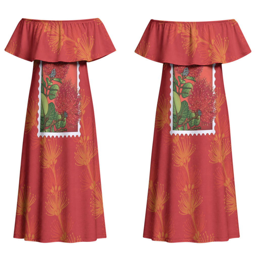 Aloha Hawaii Ohia Lehua Couples Matching Off Shoulder Maxi Dress and Hawaiian Shirt Hawaiian Lei Stylized Stamp LT14 - Polynesian Pride