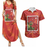 Aloha Hawaii Ohia Lehua Couples Matching Summer Maxi Dress and Hawaiian Shirt Hawaiian Lei Stylized Stamp LT14 Red - Polynesian Pride