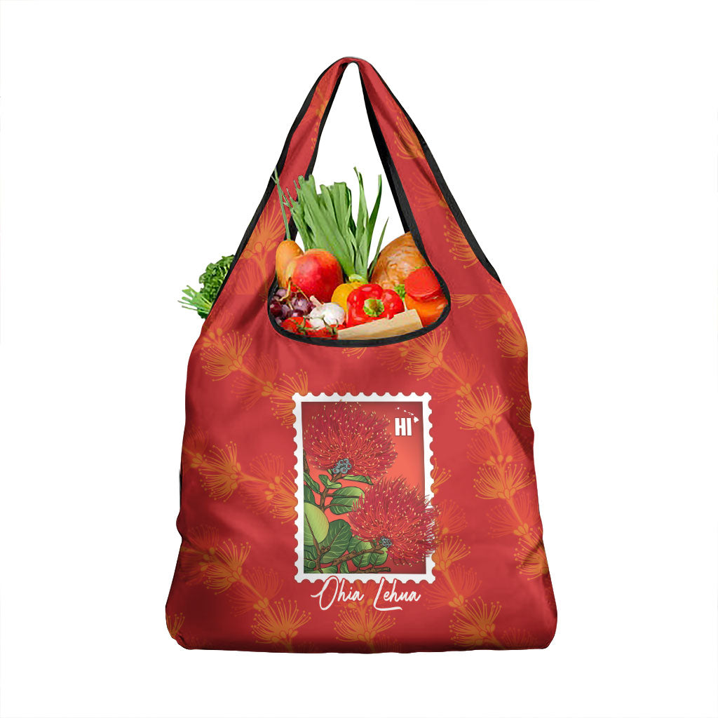 Aloha Hawaii Ohia Lehua Grocery Bag Hawaiian Lei Stylized Stamp LT14 1-pack One Size Red - Polynesian Pride