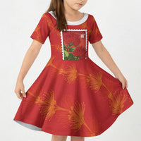 Aloha Hawaii Ohia Lehua Kid Short Sleeve Dress Hawaiian Lei Stylized Stamp LT14 KID Red - Polynesian Pride
