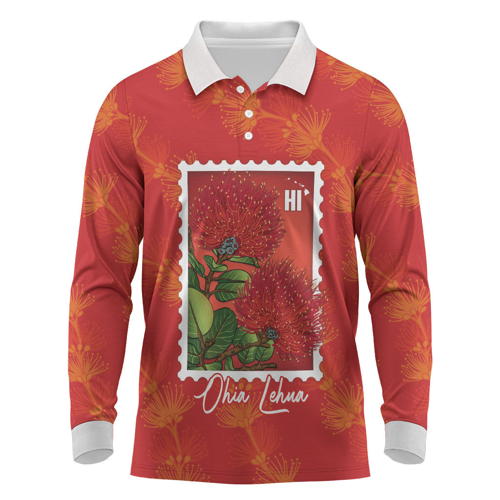Aloha Hawaii Ohia Lehua Long Sleeve Polo Shirt Hawaiian Lei Stylized Stamp