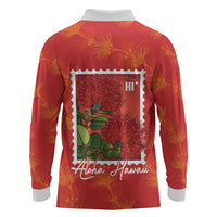 Aloha Hawaii Ohia Lehua Long Sleeve Polo Shirt Hawaiian Lei Stylized Stamp LT14 - Polynesian Pride