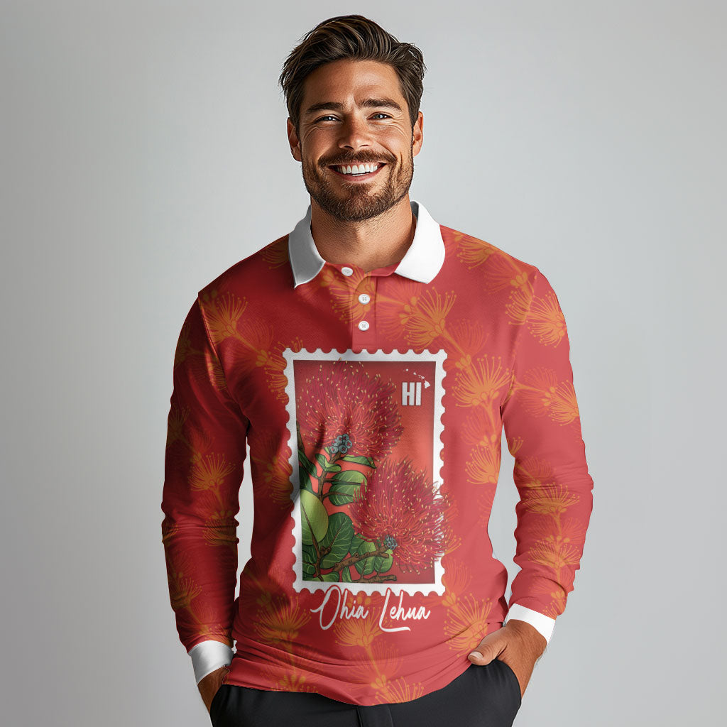 Aloha Hawaii Ohia Lehua Long Sleeve Polo Shirt Hawaiian Lei Stylized Stamp LT14 - Polynesian Pride
