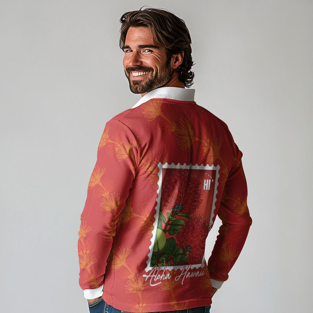 Aloha Hawaii Ohia Lehua Long Sleeve Polo Shirt Hawaiian Lei Stylized Stamp LT14 - Polynesian Pride