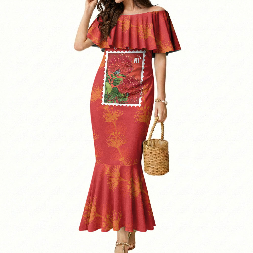 Aloha Hawaii Ohia Lehua Mermaid Dress Hawaiian Lei Stylized Stamp