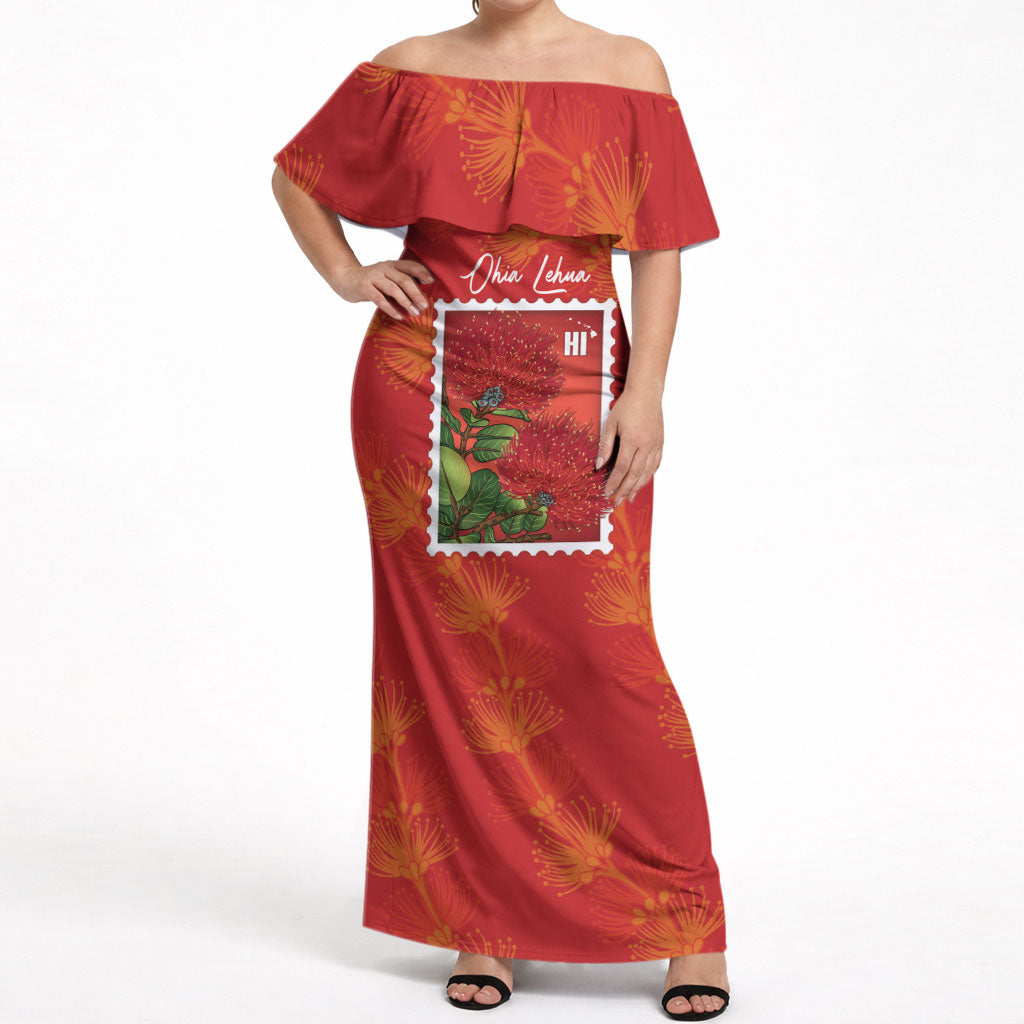 Aloha Hawaii Ohia Lehua Off Shoulder Maxi Dress Hawaiian Lei Stylized Stamp